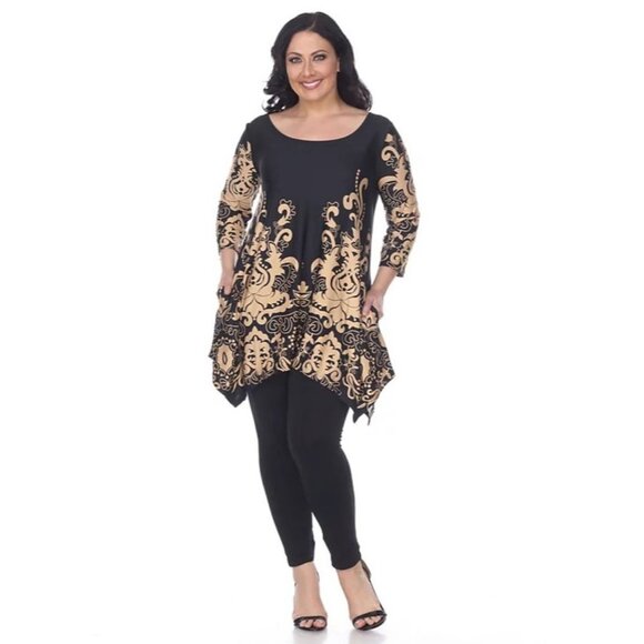 WHITE MARK 3/4 Sleeve Asymmetrical Black Printed Tunic NWT 1XL - Picture 1 of 8